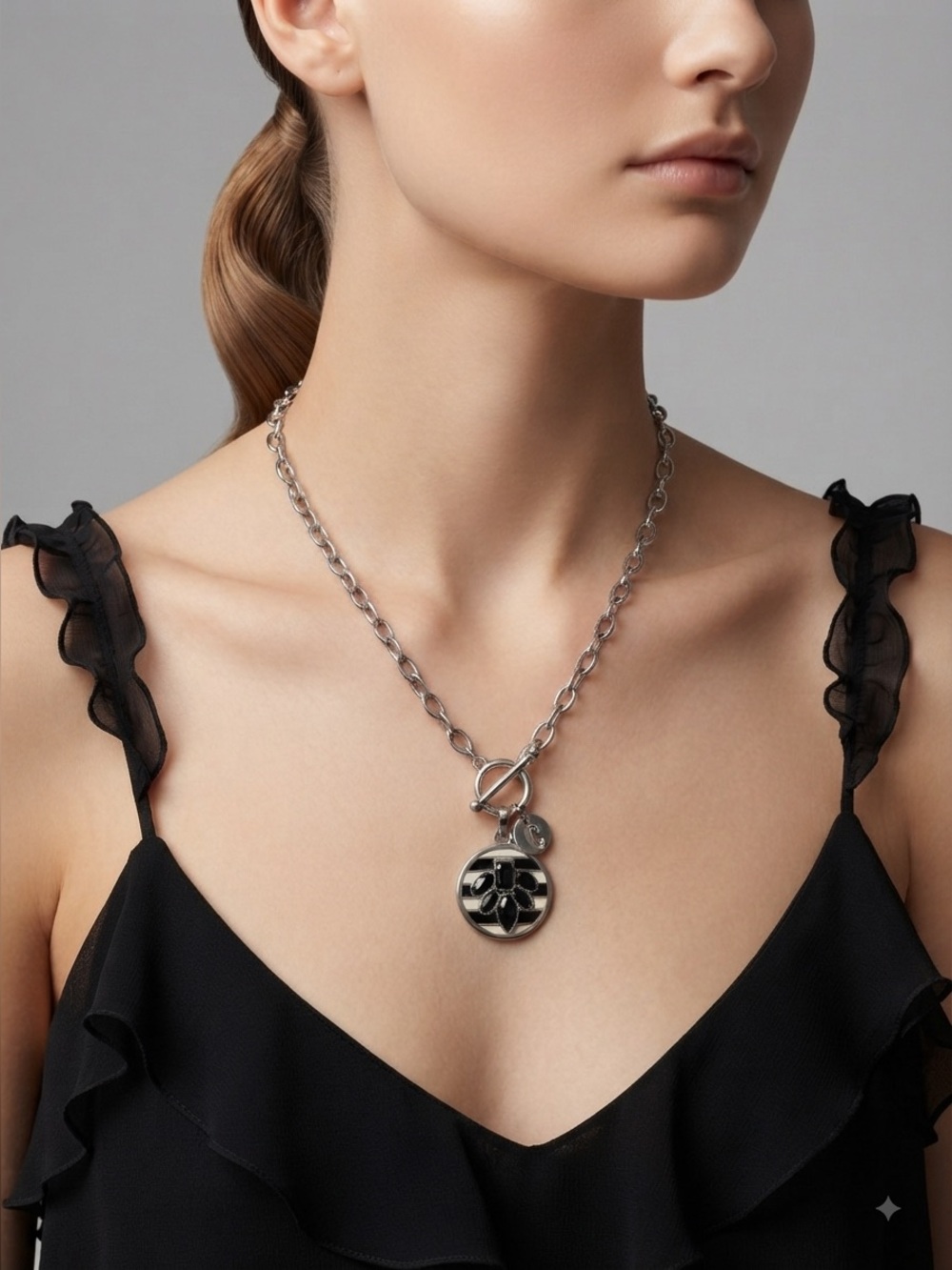 Cosmopolitan Toggle Necklace | Silver Medallion Black Stone Pendant